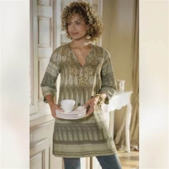Soft Surroundings Womens Top Large Beaded Printed Pampas Tunic Linen Blend Boho - Picture 1 of 12
